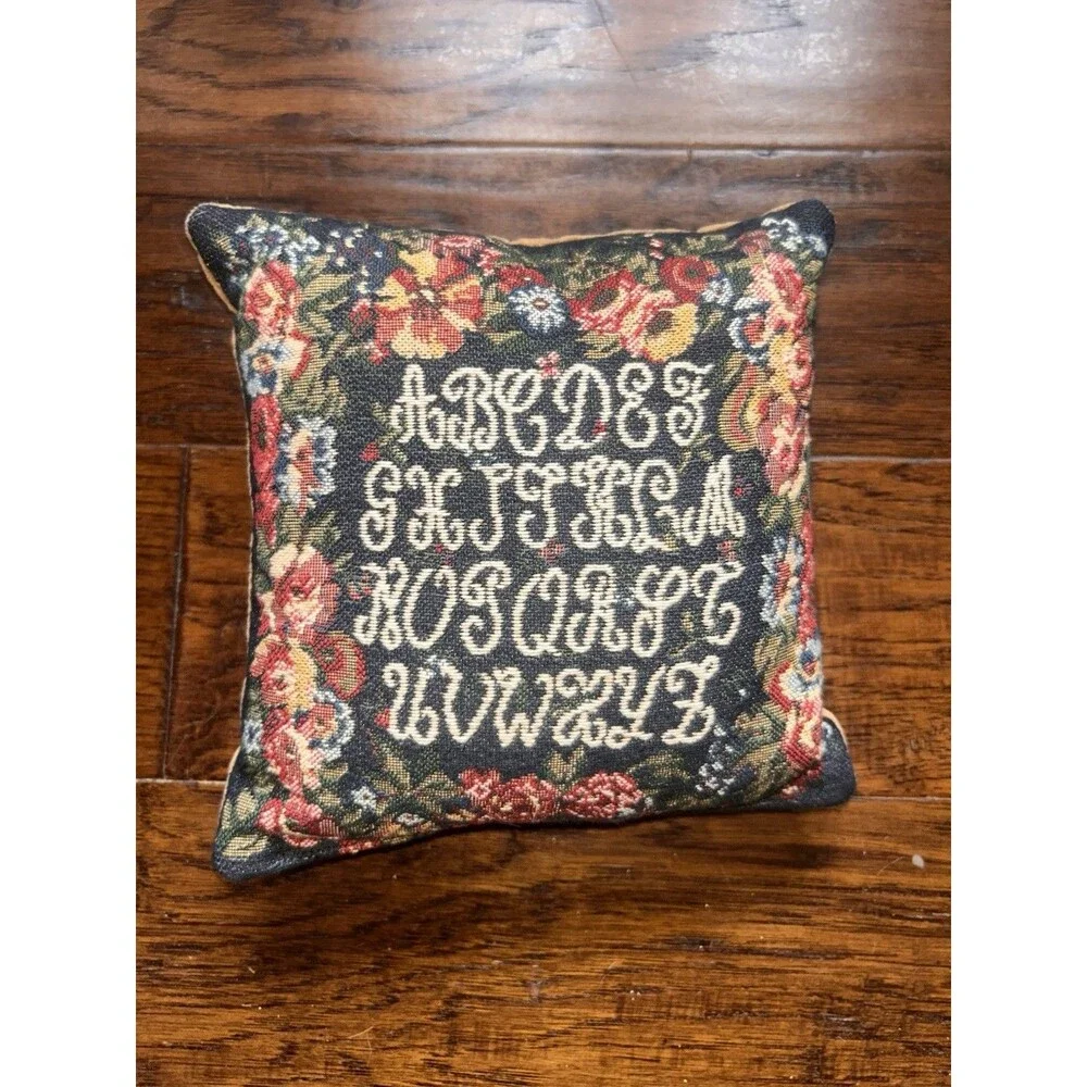 Vtg Tapestry Alphabet Sampler Accent Pillows Set Pair Cottagecore Floral Boho